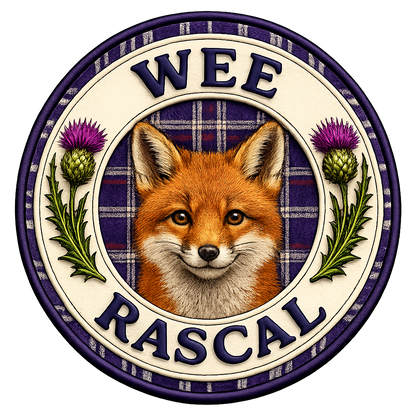 Close-up of the Wee Rascal fox badge featuring a Scottish fox, tartan pattern and purple thistles.