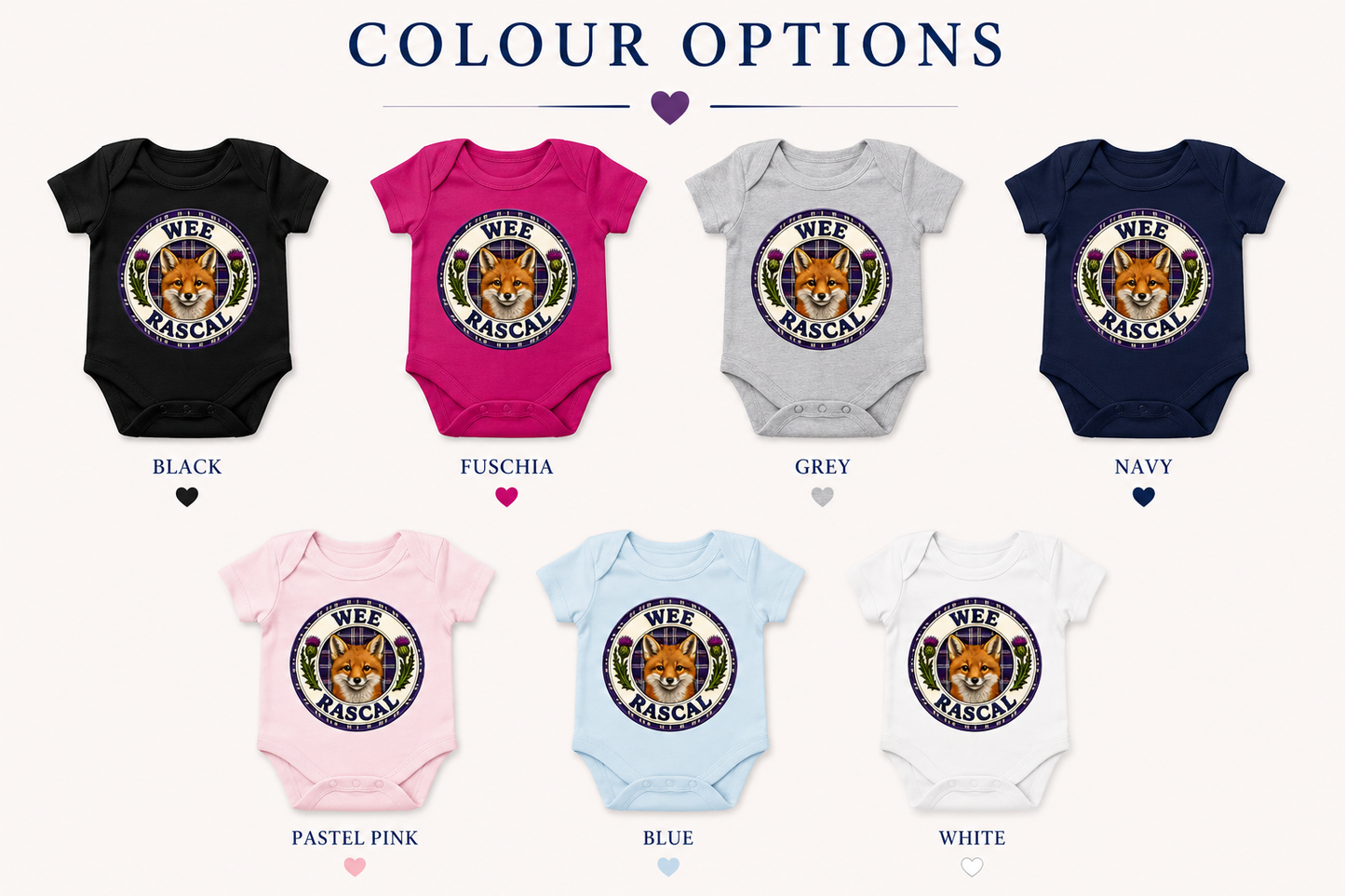 Wee Rascal baby bodysuit available in black, fuchsia, heather grey, navy, pastel pink, pastel blue and white.