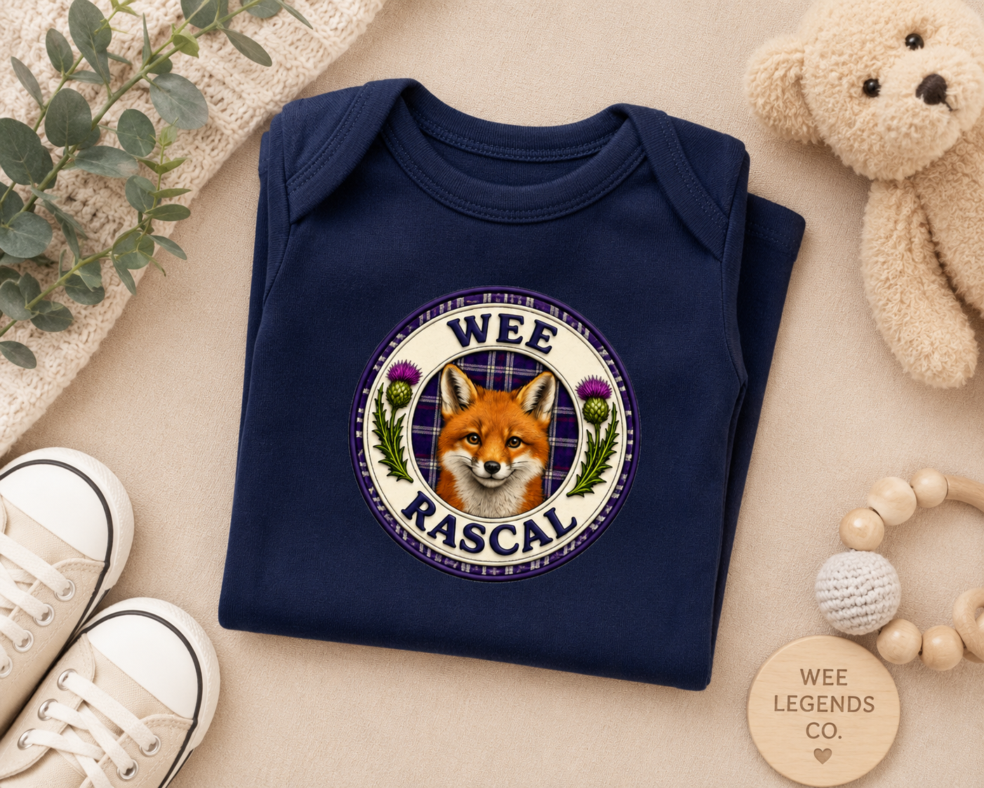Folded navy Wee Rascal baby bodysuit styled with baby shoes, teddy bear and nursery accessories.