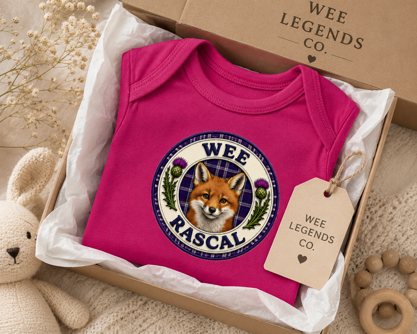 Fuschia Wee Rascal baby bodysuit presented in a gift box with bunny toy and Wee Legends Co gift tag.