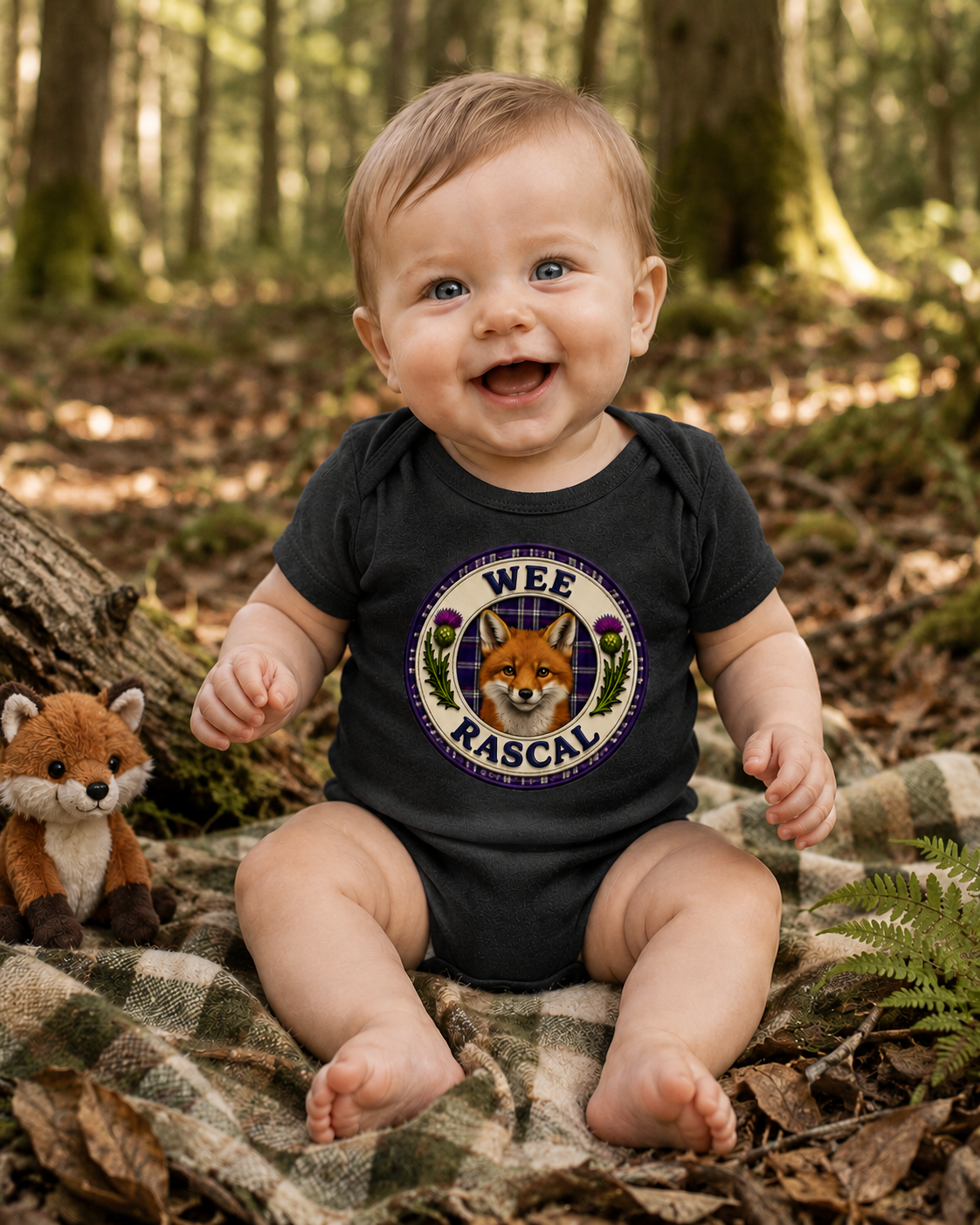 Smiling baby wearing a black Wee Rascal baby bodysuit in a woodland forest setting with a fox toy and autumn leaves.
