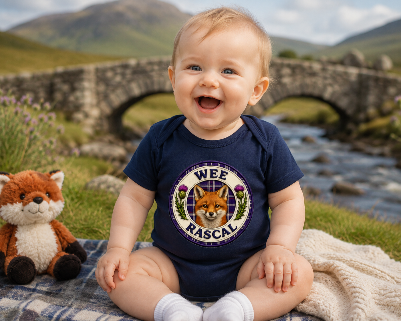 Smiling baby wearing a navy Wee Rascal baby bodysuit outdoors beside a Scottish stone bridge and countryside stream.