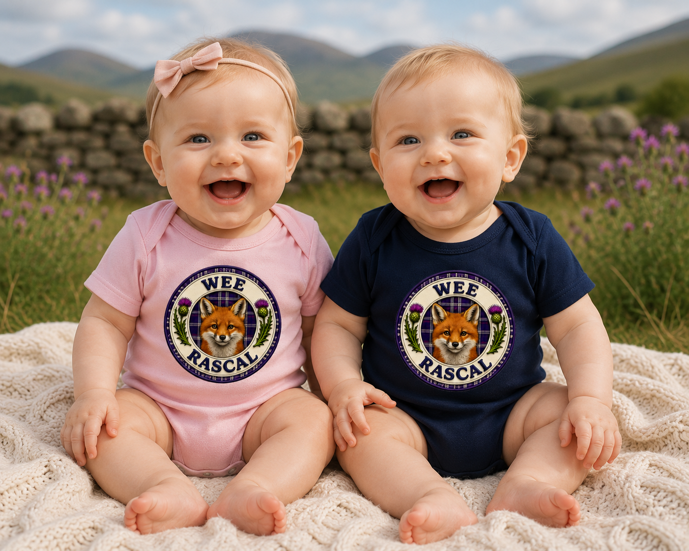 Two smiling babies wearing Wee Rascal baby bodysuits in pastel pink and navy, sitting outdoors in a Scottish countryside setting.