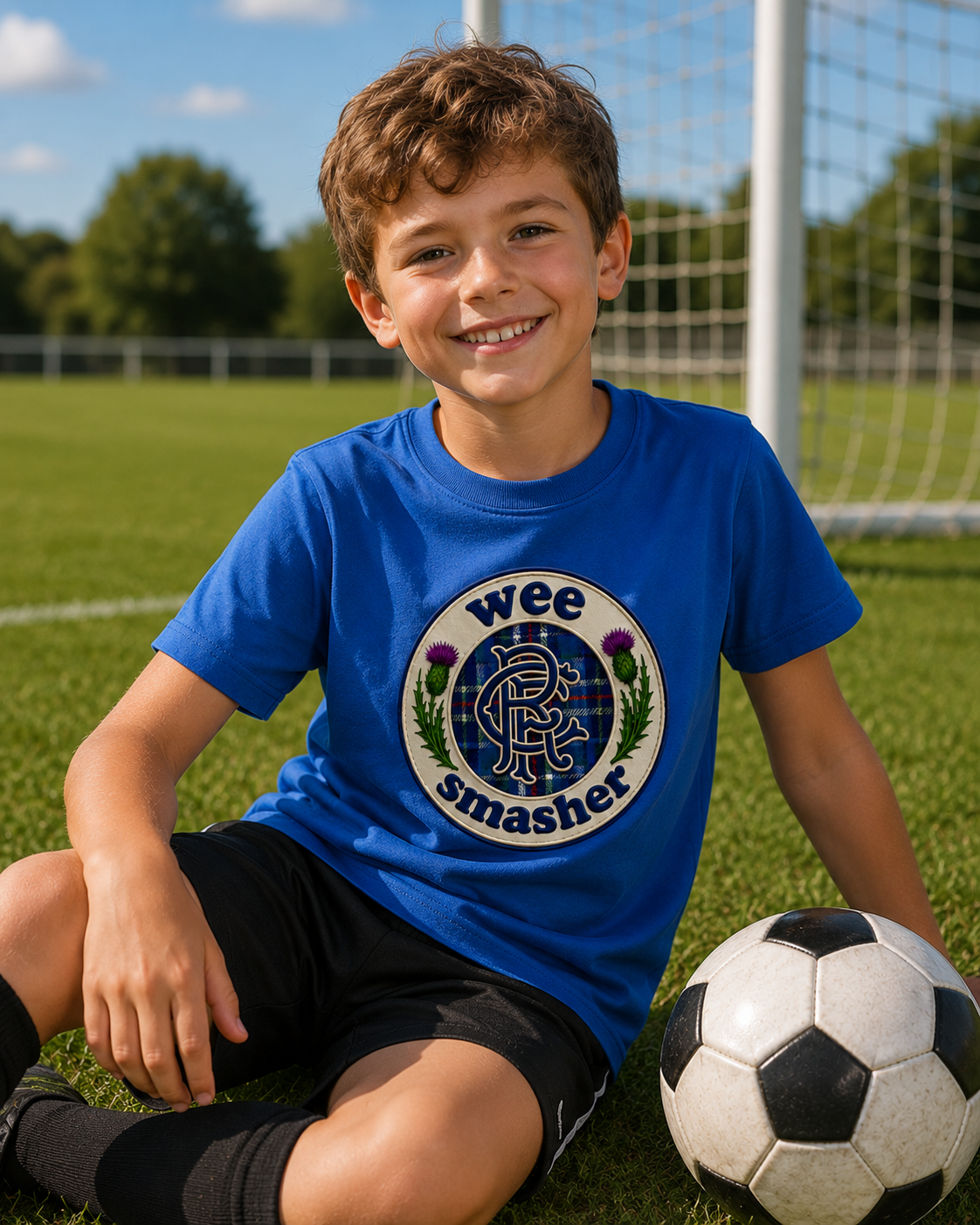 Smiling child wearing a royal blue Wee Smasher RFC Badge youth t-shirt while sitting on a football field beside a football goal.