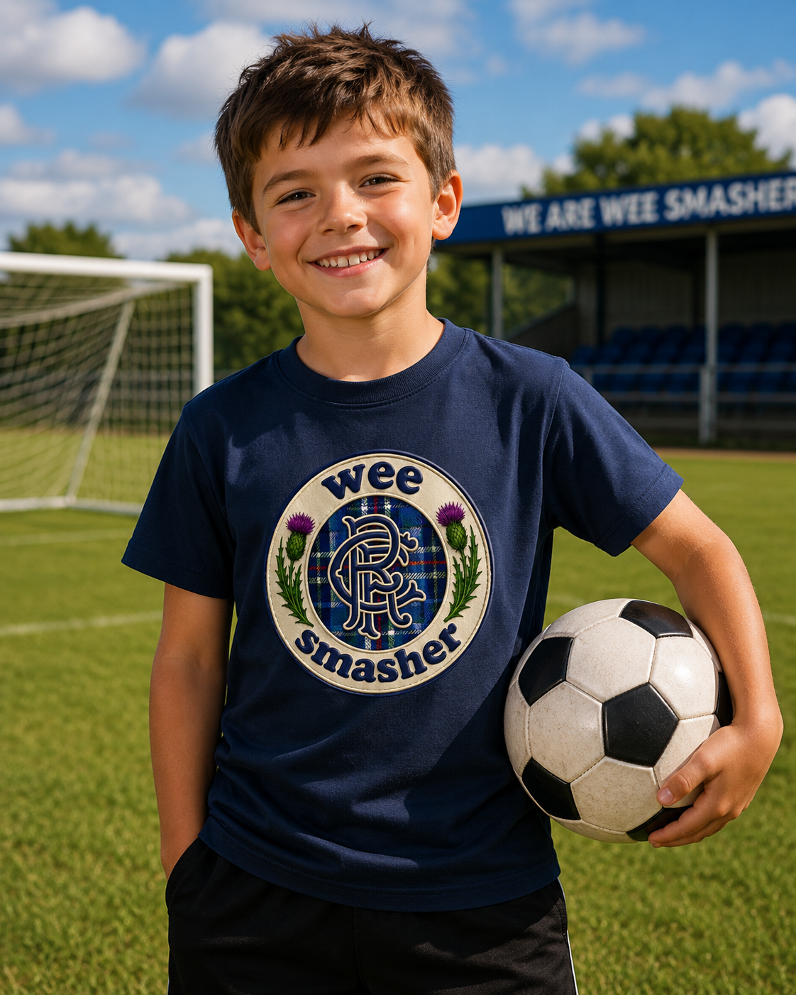 Young football fan wearing a navy Wee Smasher RFC Badge youth t-shirt featuring a tartan crest design, standing on a football pitch with a football.