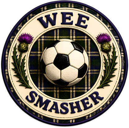 Wee Smasher pencil case football-inspired badge design close up