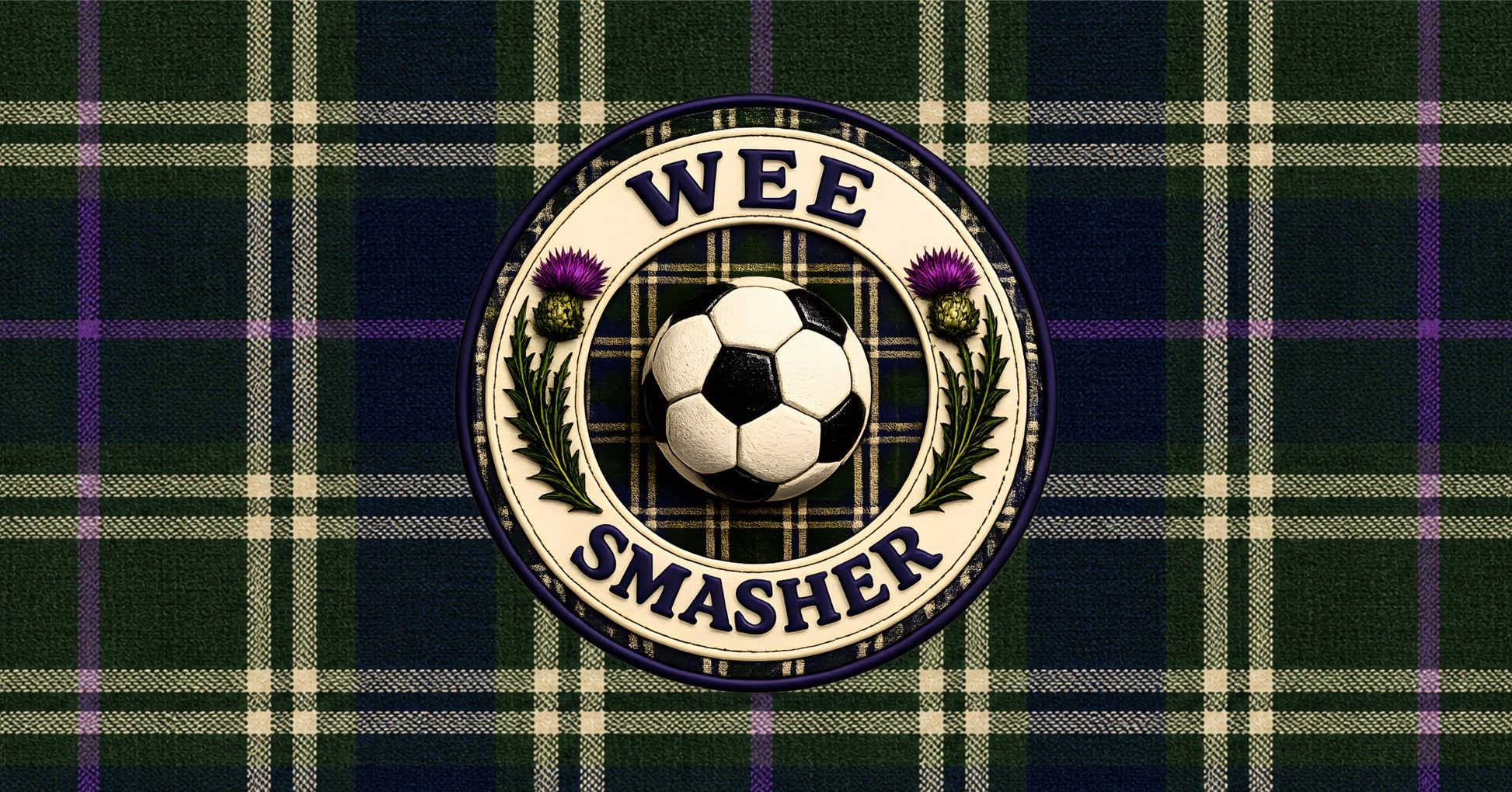 Wee Smasher pencil case featuring a football-inspired badge design on a green and navy Scottish tartan background 