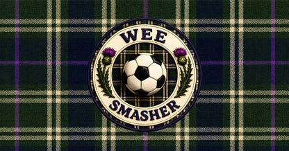 Wee Smasher pencil case featuring a football-inspired badge design on a green and navy Scottish tartan background 