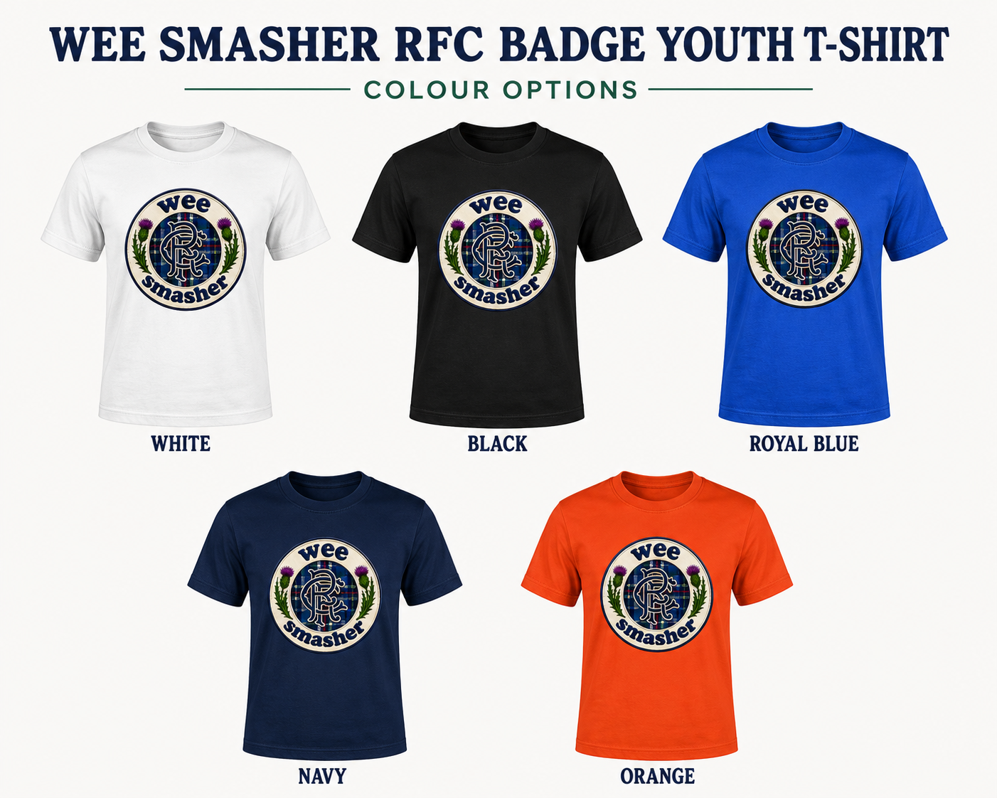 Wee Smasher RFC Badge youth t-shirt available in white, black, royal blue, navy and orange colour options.