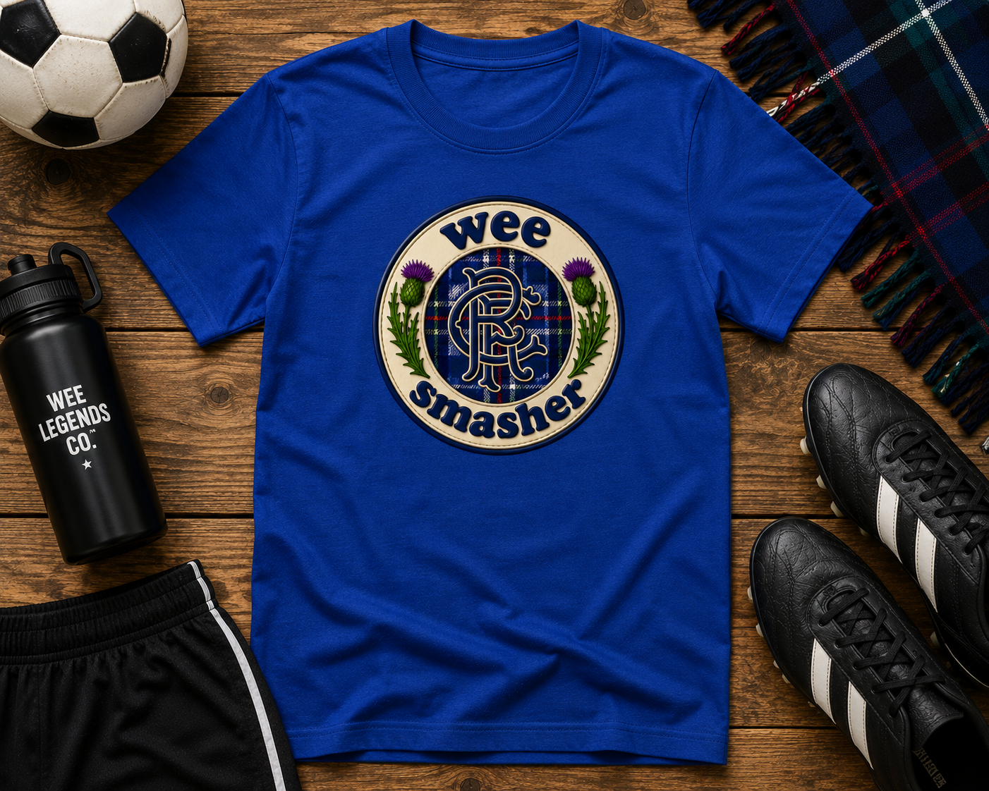 Royal blue Wee Smasher RFC Badge youth t-shirt displayed on a rustic wooden surface with football boots, football, tartan scarf and sports accessories.