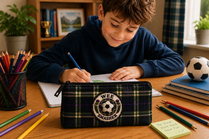 Child using the Wee Smasher pencil case while drawing at a wooden desk, with coloured pencils and school supplies nearby.