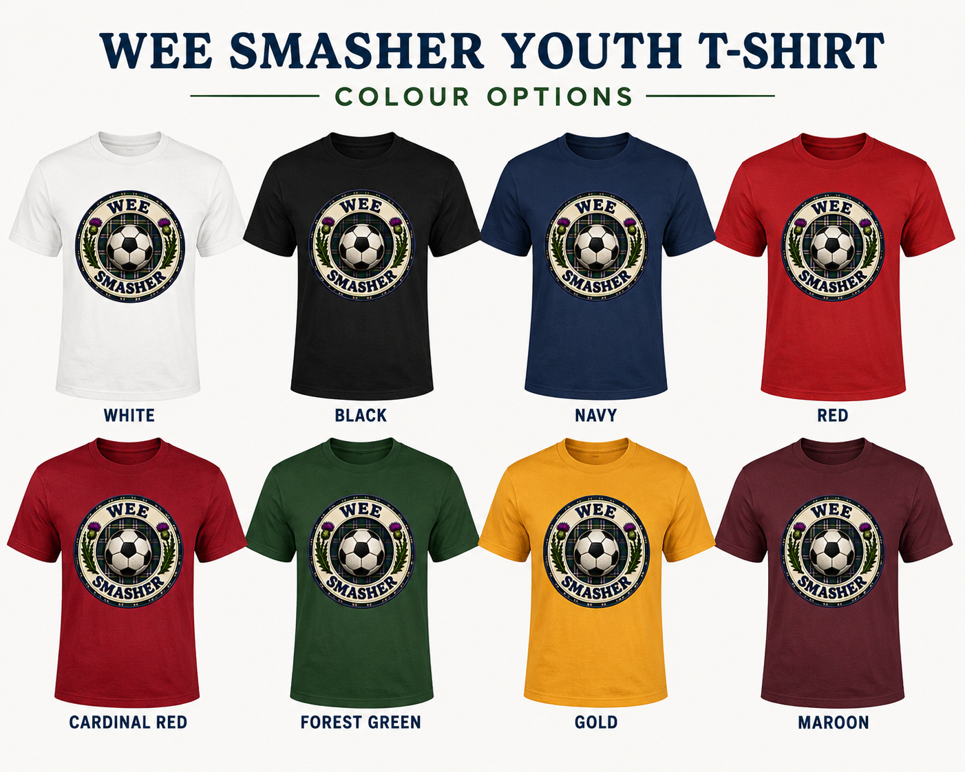 Wee Smasher youth t-shirt available in white, black, navy, red, cardinal red, forest green, gold and maroon colour options.