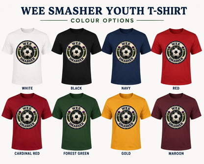 Wee Smasher youth t-shirt available in white, black, navy, red, cardinal red, forest green, gold and maroon colour options.