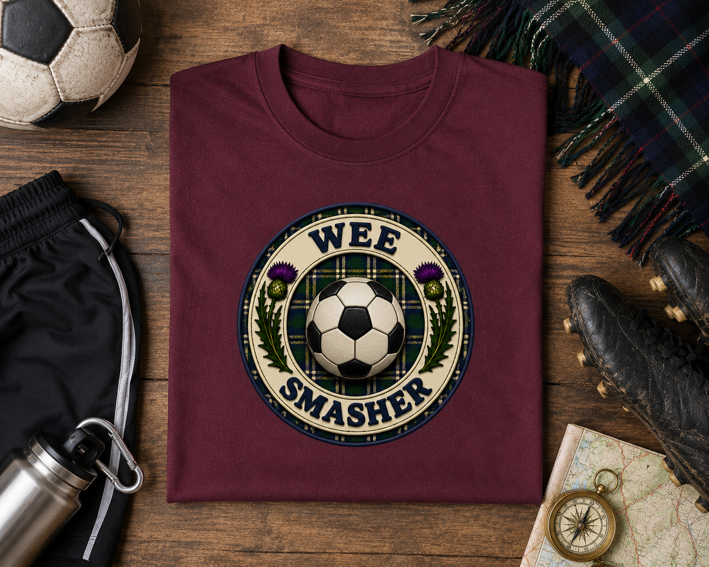 Folded maroon Wee Smasher youth t-shirt displayed on a rustic wooden surface with football boots, football, tartan scarf and outdoor adventure accessories.