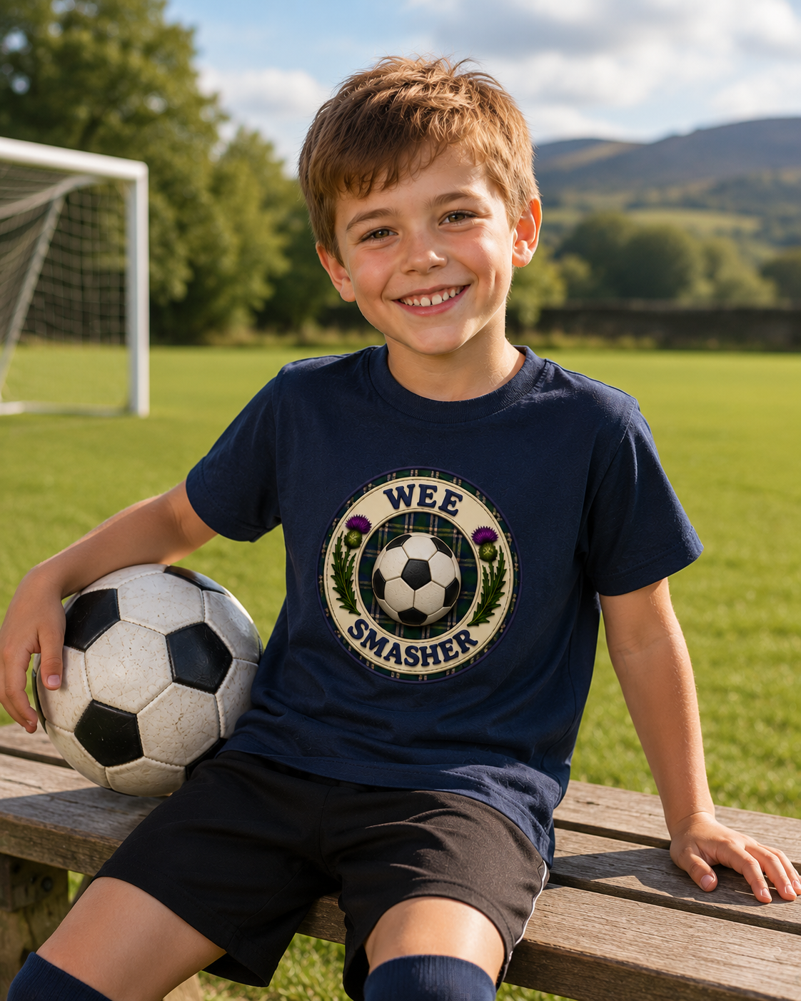 Smiling young football fan wearing a navy Wee Smasher youth t-shirt while sitting on a bench beside a football pitch with a football by his side.