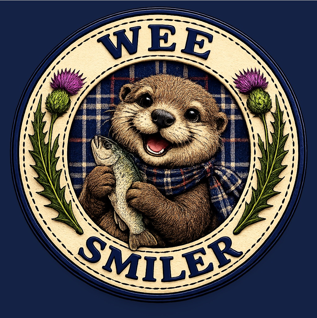 Close-up of the Wee Smiler otter badge design printed on the teddy bear's t-shirt