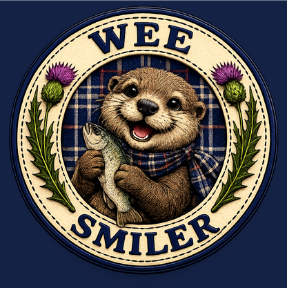 Close-up of the Wee Smiler otter badge design printed on the teddy bear's t-shirt