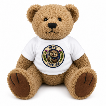 Wee Smiler Teddy Bear wearing a white t-shirt with otter badge design on a white background