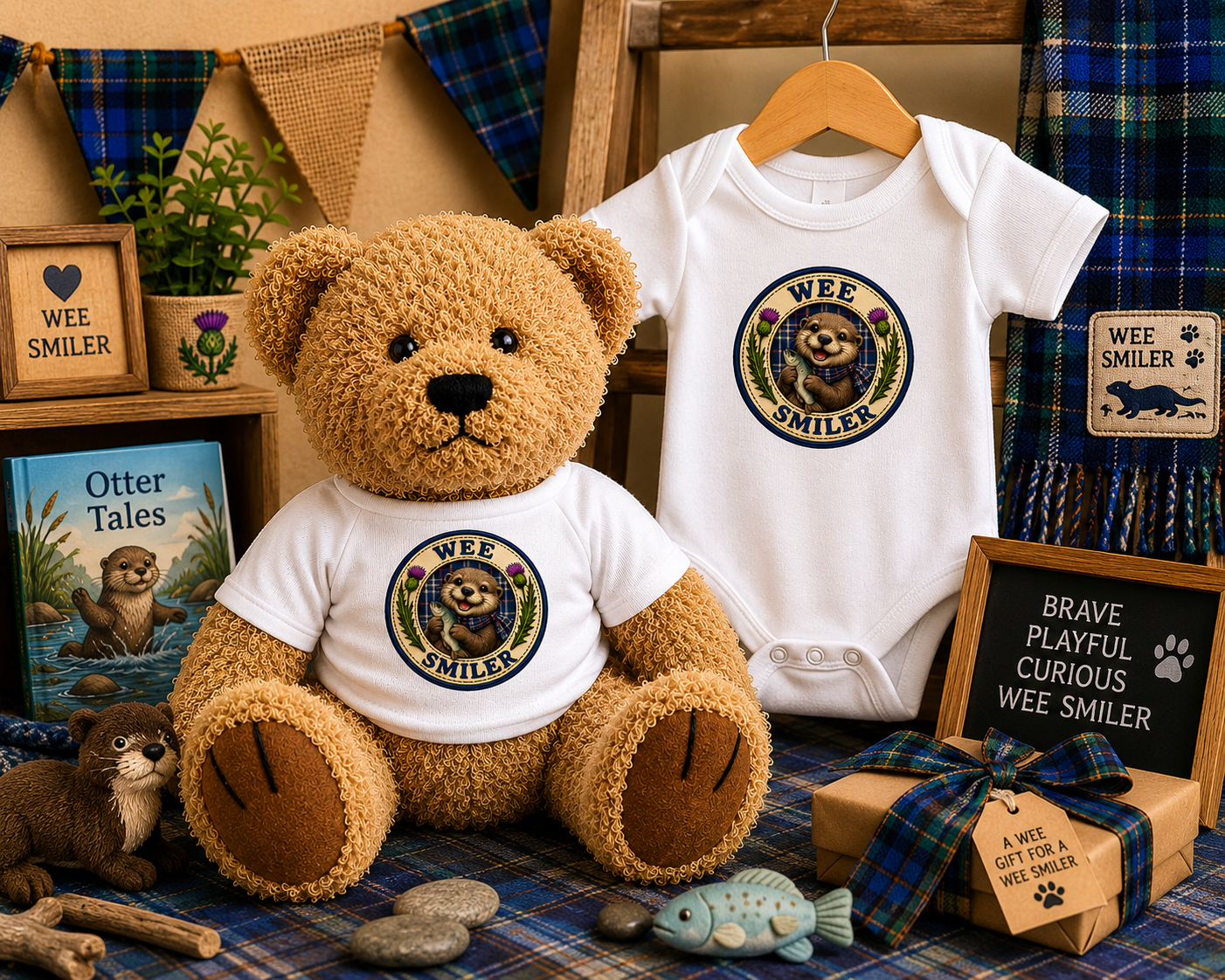Wee Smiler Teddy Bear beside a matching Wee Smiler baby bodysuit gift set