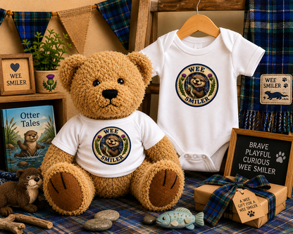 Wee Smiler Teddy Bear beside a matching Wee Smiler baby bodysuit gift set