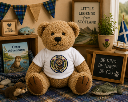 Wee Smiler Teddy Bear displayed in a cosy Scottish-themed nursery with playful otter-inspired décor