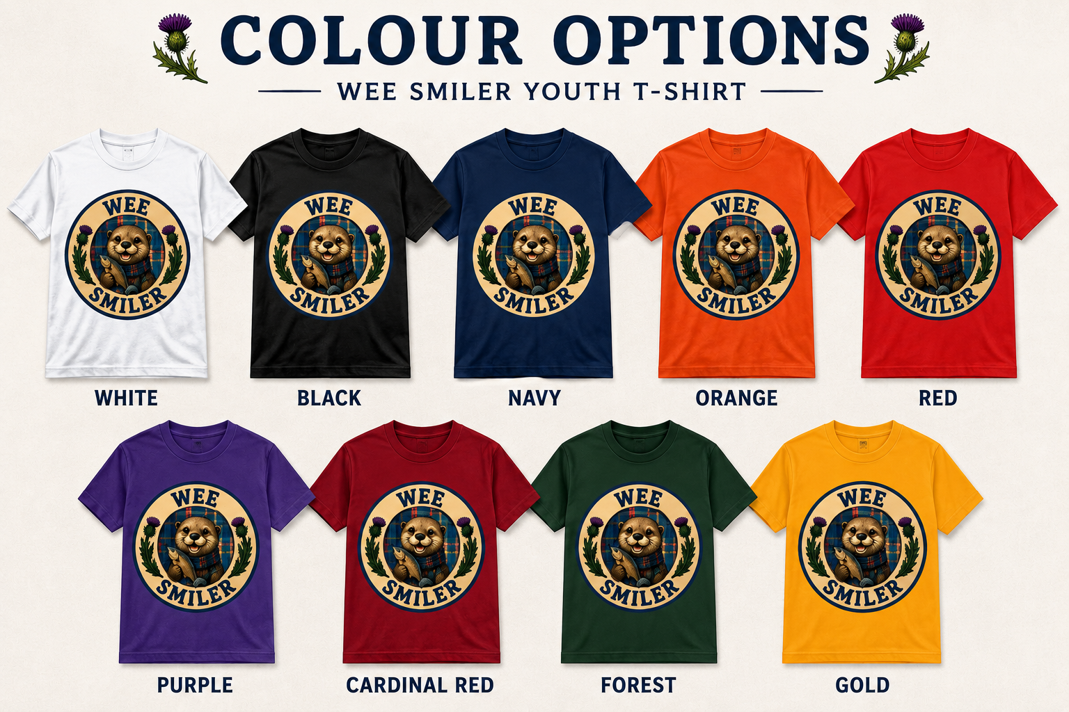 Wee Smiler youth t-shirt available in white, black, navy, orange, red, purple, cardinal red, forest green and gold colour options.