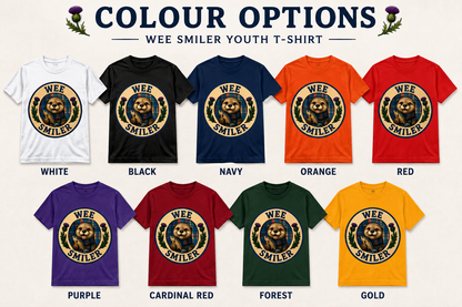 Wee Smiler youth t-shirt available in white, black, navy, orange, red, purple, cardinal red, forest green and gold colour options.