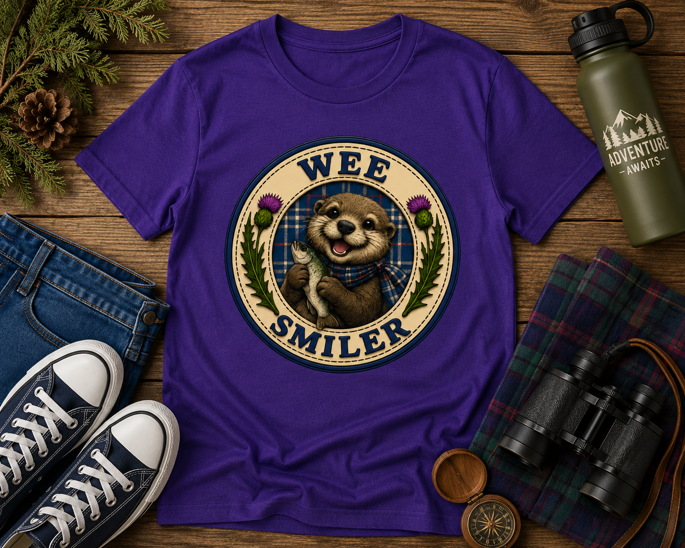 Purple Wee Smiler youth t-shirt displayed on a rustic wooden surface with tartan fabric, binoculars, compass, trainers and outdoor adventure accessories.