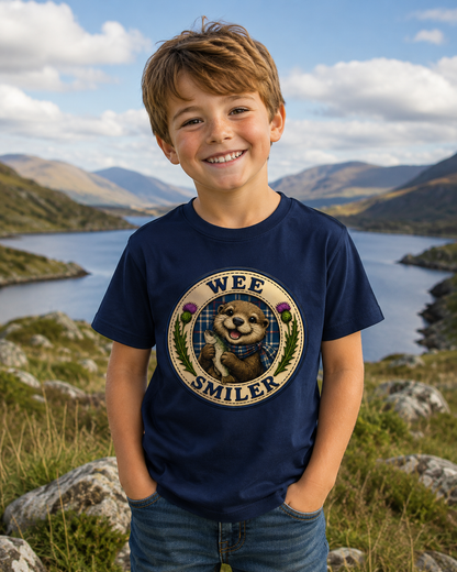 Smiling young boy wearing a navy Wee Smiler youth t-shirt featuring a cheerful otter crest holding a fish, standing beside a Scottish loch surrounded by mountains.