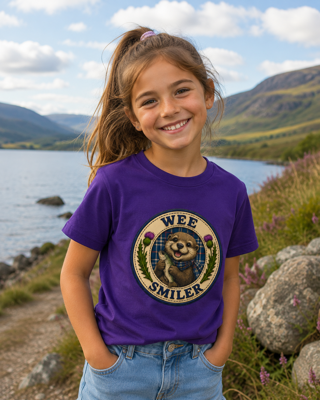 Happy young girl wearing a purple Wee Smiler youth t-shirt featuring a smiling otter badge with tartan background and Scottish thistles beside a scenic loch.