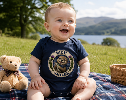 Smiling baby wearing a navy Wee Smiler bodysuit with Scottish otter design, sitting on a tartan picnic blanket outdoors beside a teddy bear and wicker basket with scenic countryside views.