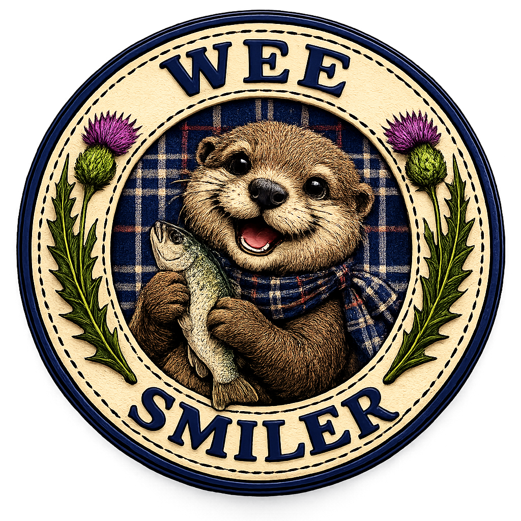 Close-up of Wee Smiler Scottish otter badge design featuring a smiling otter holding a fish with tartan scarf, Scottish thistles and tartan background