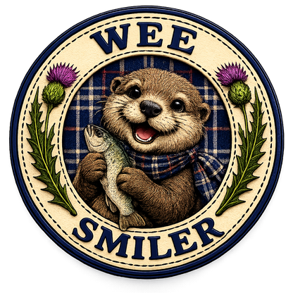 Close-up of Wee Smiler Scottish otter badge design featuring a smiling otter holding a fish with tartan scarf, Scottish thistles and tartan background
