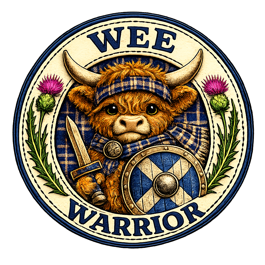 Close-up of Wee Warrior Scottish Highland Cow design featuring tartan scarf, warrior shield, sword and Scottish thistle artwork.