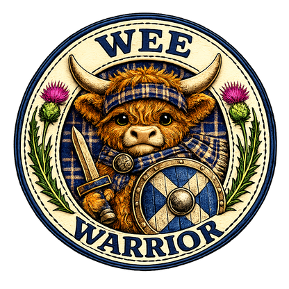 Close-up of Wee Warrior Scottish Highland Cow design featuring tartan scarf, warrior shield, sword and Scottish thistle artwork.