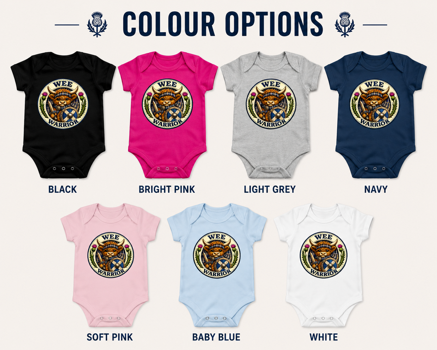 Wee Warrior baby bodysuit colour options available in black, bright pink, light grey, navy, soft pink, baby blue and white.