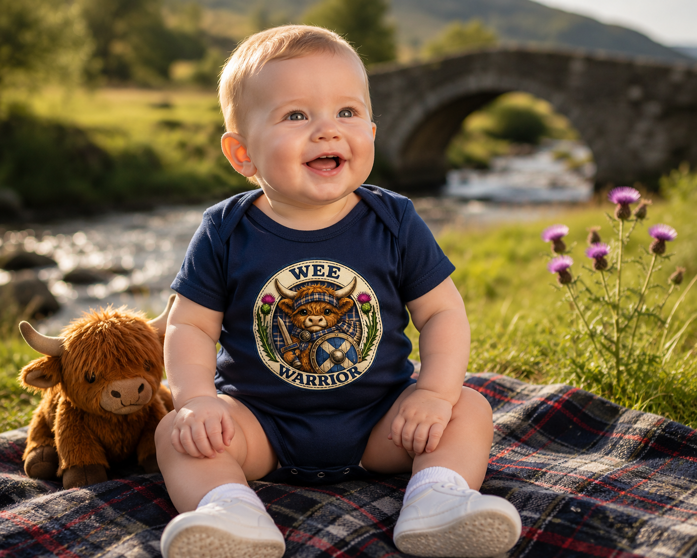 Smiling baby wearing a navy Wee Warrior baby bodysuit featuring a Highland Cow warrior design, sitting on a tartan blanket outdoors beside a plush Highland Cow toy with a Scottish countryside backdrop.