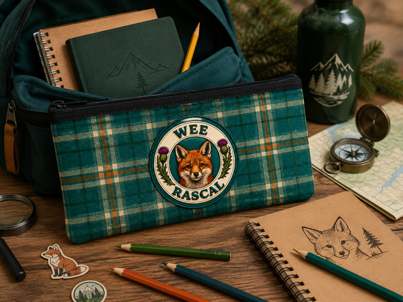Wee Warrior pencil case displayed with school supplies and adventure-themed stationery featuring a Scottish warrior design.