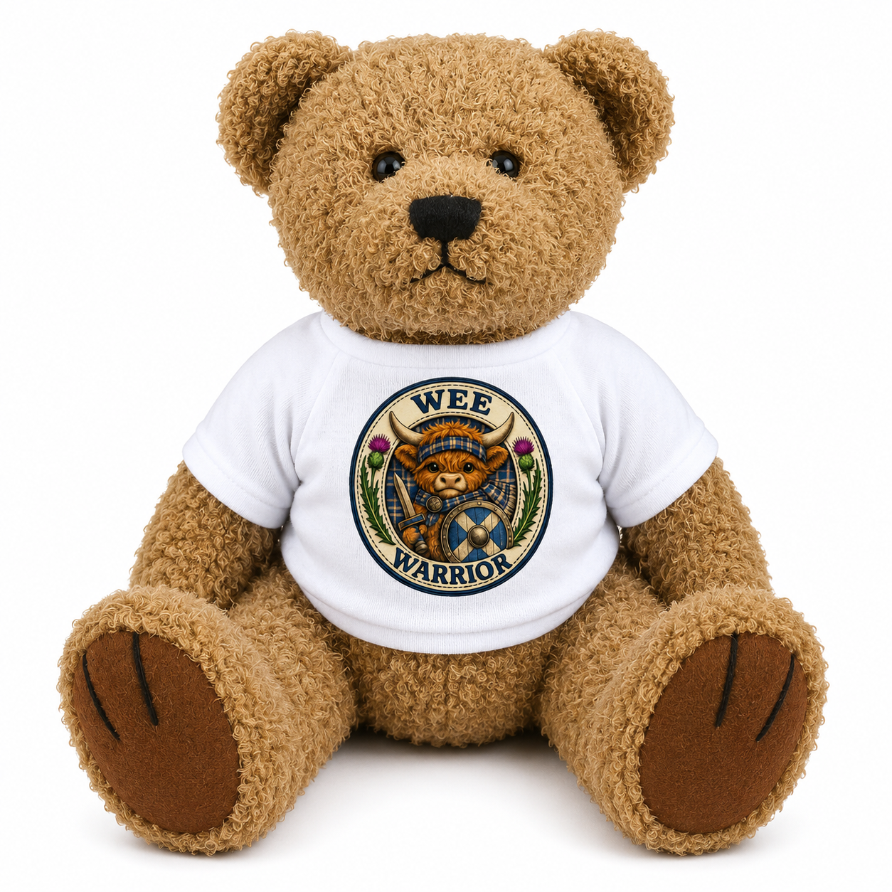 Wee Warrior Teddy Bear wearing a white t-shirt with Highland cow warrior badge design on a white background