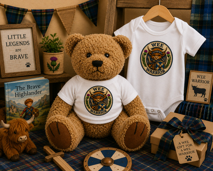 Wee Warrior Teddy Bear beside a matching Wee Warrior baby bodysuit gift set