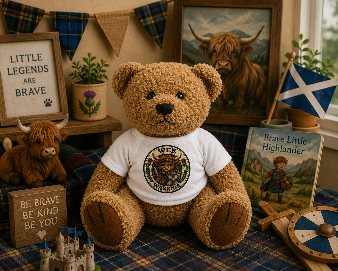 Wee Warrior Teddy Bear displayed in a Scottish-themed nursery with Highland cow and adventure décor
