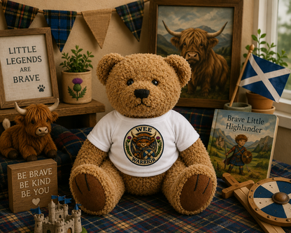 Wee Warrior Teddy Bear displayed in a Scottish-themed nursery with Highland cow and adventure décor