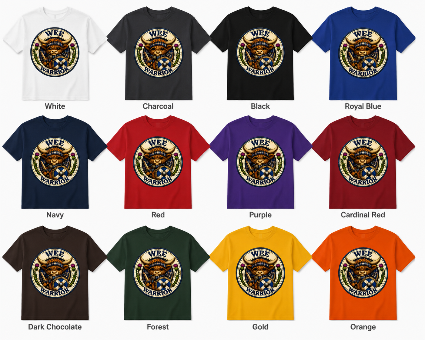 Wee Warrior youth t-shirt available in white, charcoal, black, royal blue, navy, red, purple, cardinal red, dark chocolate, forest green, gold and orange.