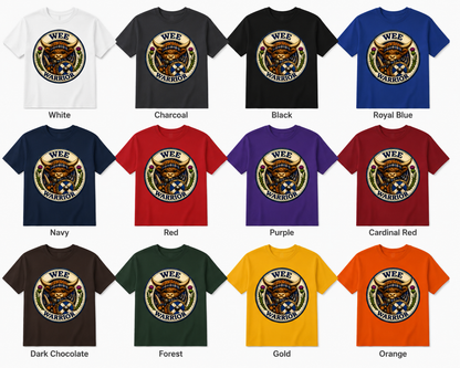Wee Warrior youth t-shirt available in white, charcoal, black, royal blue, navy, red, purple, cardinal red, dark chocolate, forest green, gold and orange.