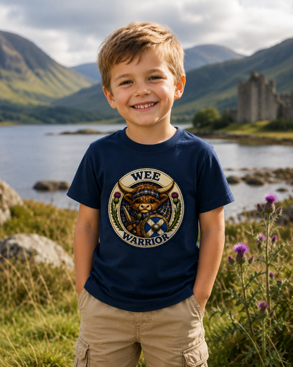 Young child wearing a navy Wee Warrior youth t-shirt with Highland cow warrior artwork, smiling outdoors in a Scottish Highlands-inspired landscape.