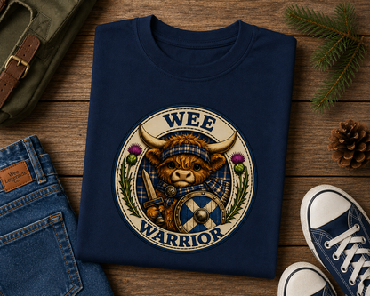 Folded navy Wee Warrior youth t-shirt displayed on a rustic wooden surface with outdoor adventure accessories and Highland cow warrior artwork.