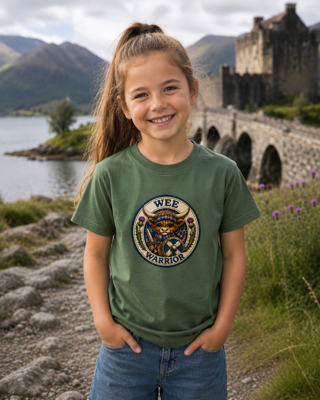 Child wearing a Wee Warrior youth t-shirt with Highland cow warrior crest artwork, showcasing the Scottish-inspired design in an outdoor adventure setting.