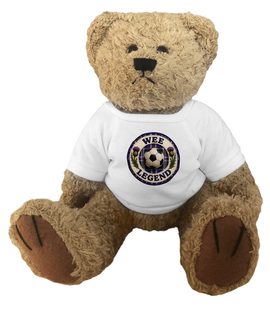 Plush teddy bear wearing a matching Wee Legend football badge t-shirt.