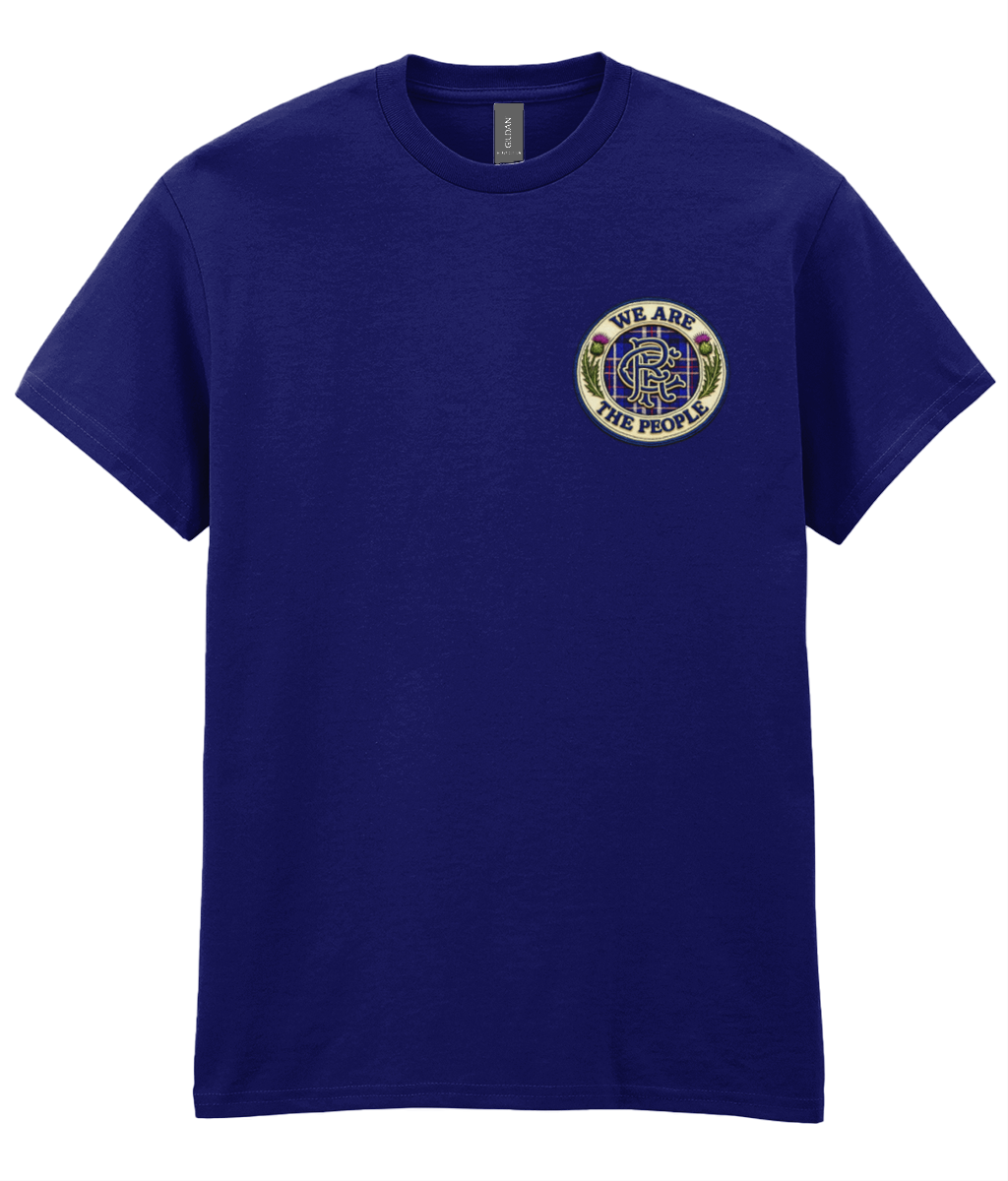 Fan Deep Royal We Are The People Crest men's t-shirt featuring a small embroidered-style supporter badge on the left chest.