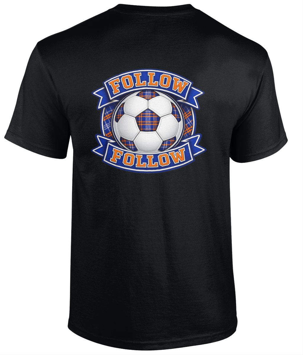 FOLLOW FOLLOW men's t-shirt featuring a large football-inspired crest design printed on the back.